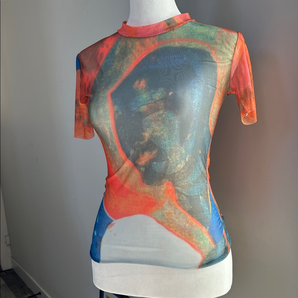 Color-Pop Sheer Short Sleeve Tee, Blue & Orange XS